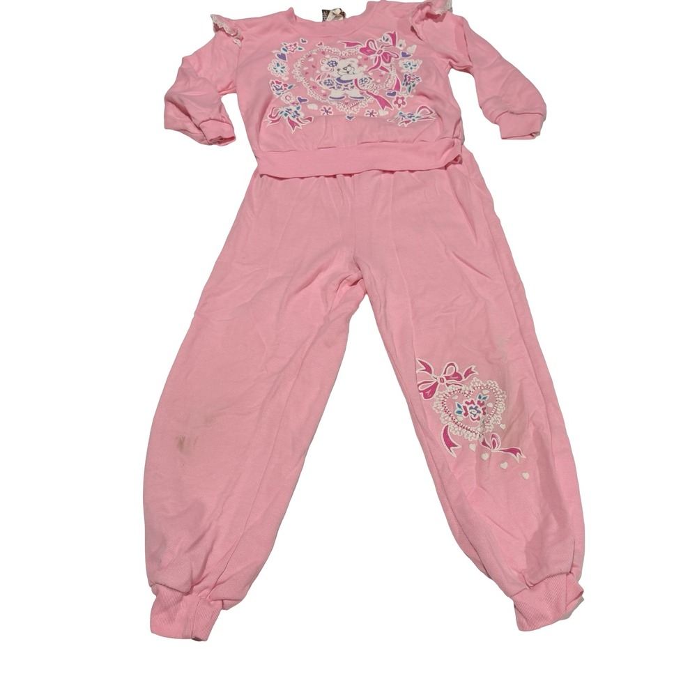Vintage Rhythm Kids Pink Teddy Bear Heart Sweatsuit Set Lace Ruffle Size 6